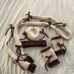 Brown and Cream Hat, Glove and Scarf set.